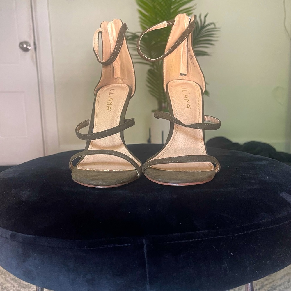 Olive Khaki Velvet Round Toe Strap Zip Sandal Heels